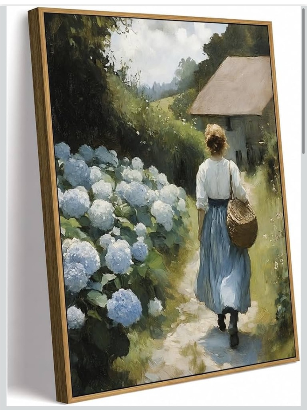 Tranquil Woman Walking Hydrangeas Canvas Art - Blue